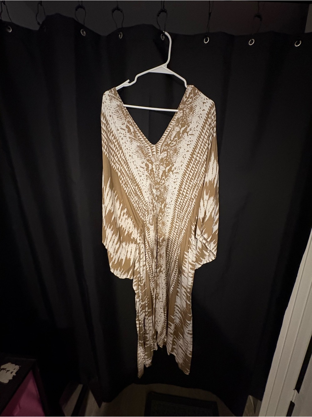 Boho V-Neck Taupe & Cream Caftan Kimono Dress
